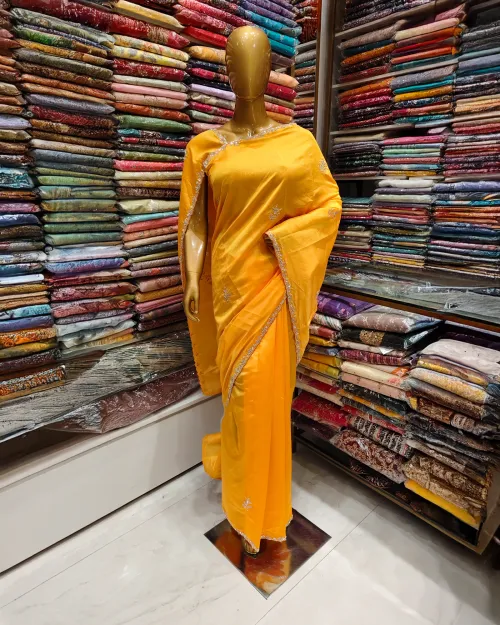 Yellow Color Stone Work Silk Saree