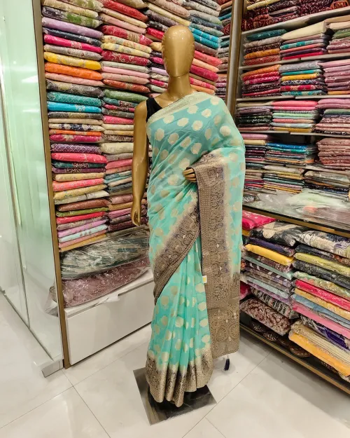 Sky Blue Zari Work Organza Saree