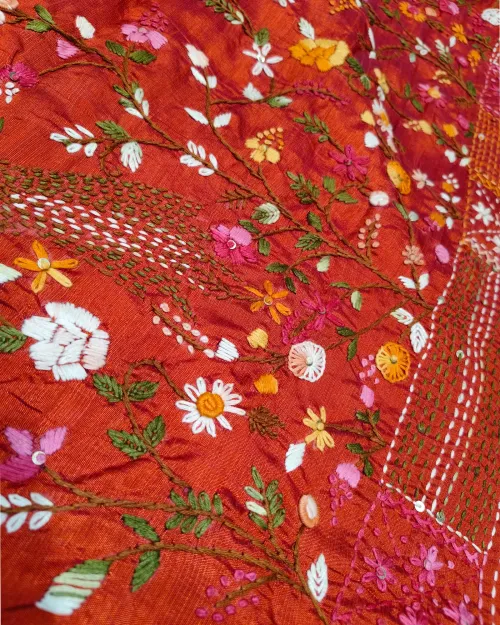 Red Color Embroidery Work Tussar Cotton Saree