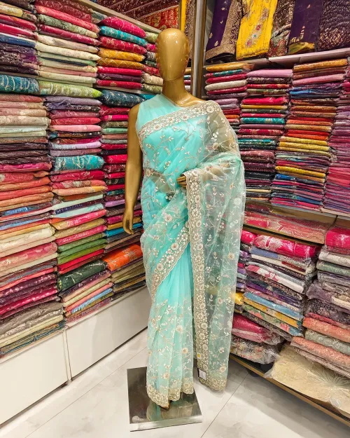 Ice Blue Silver Thread Net Saree