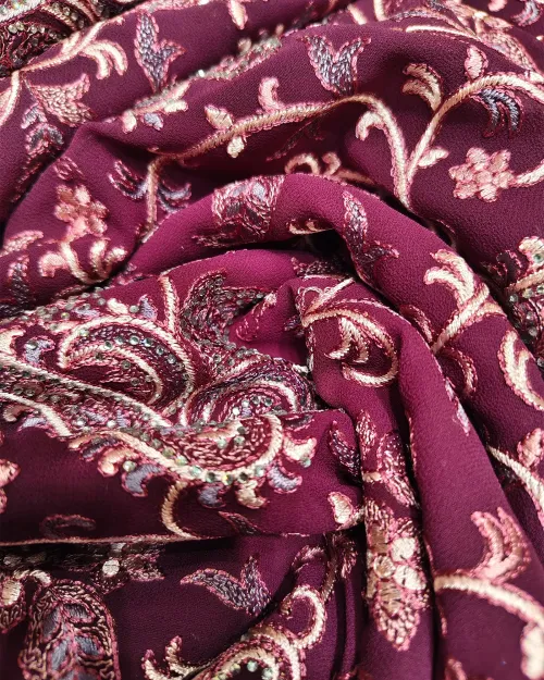 Wine Embroidered Work Georgette Saree