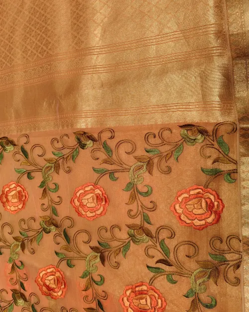 Peach Color Embroidery Work Organza Saree