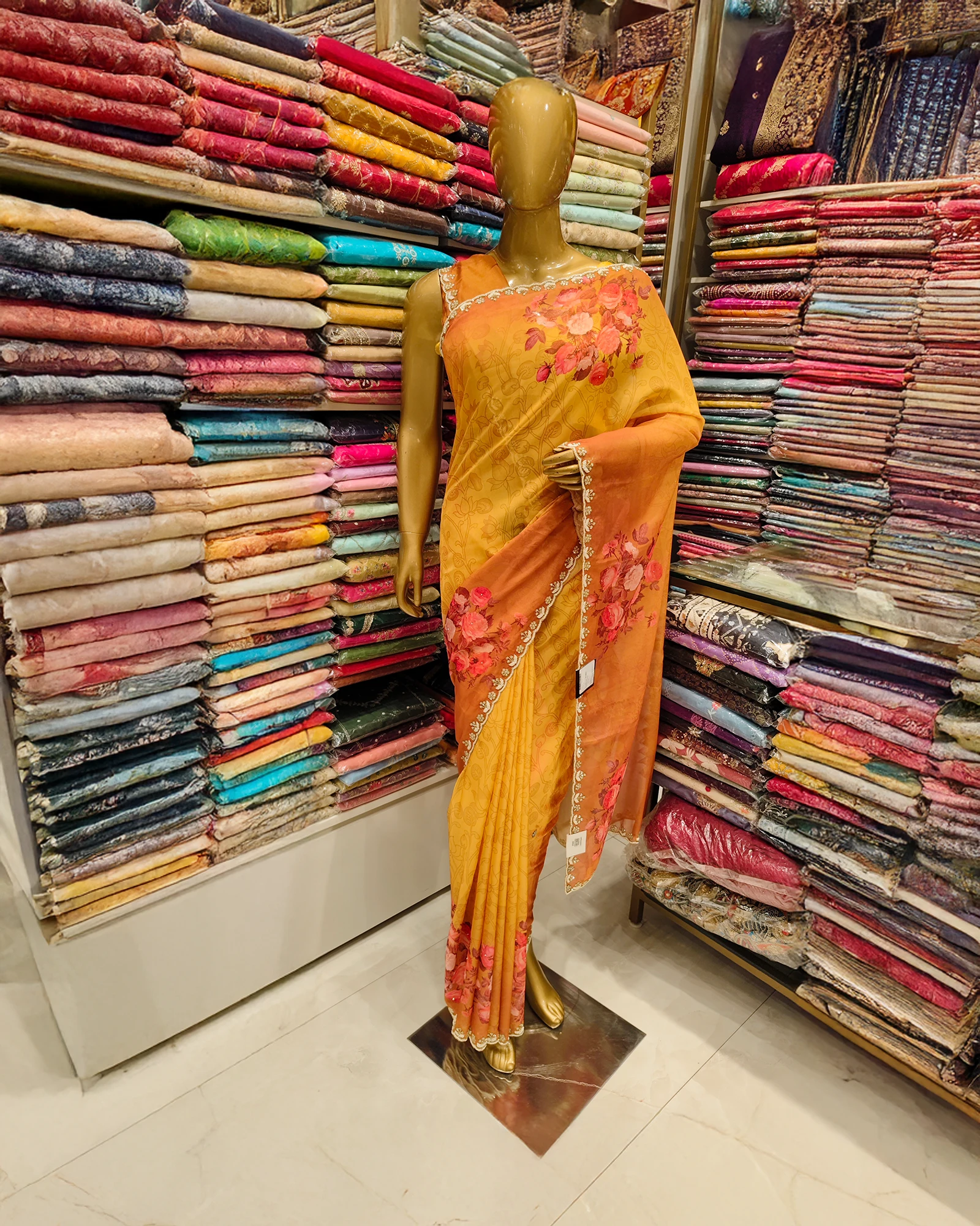 Mustard Color Stone Work Organza Saree