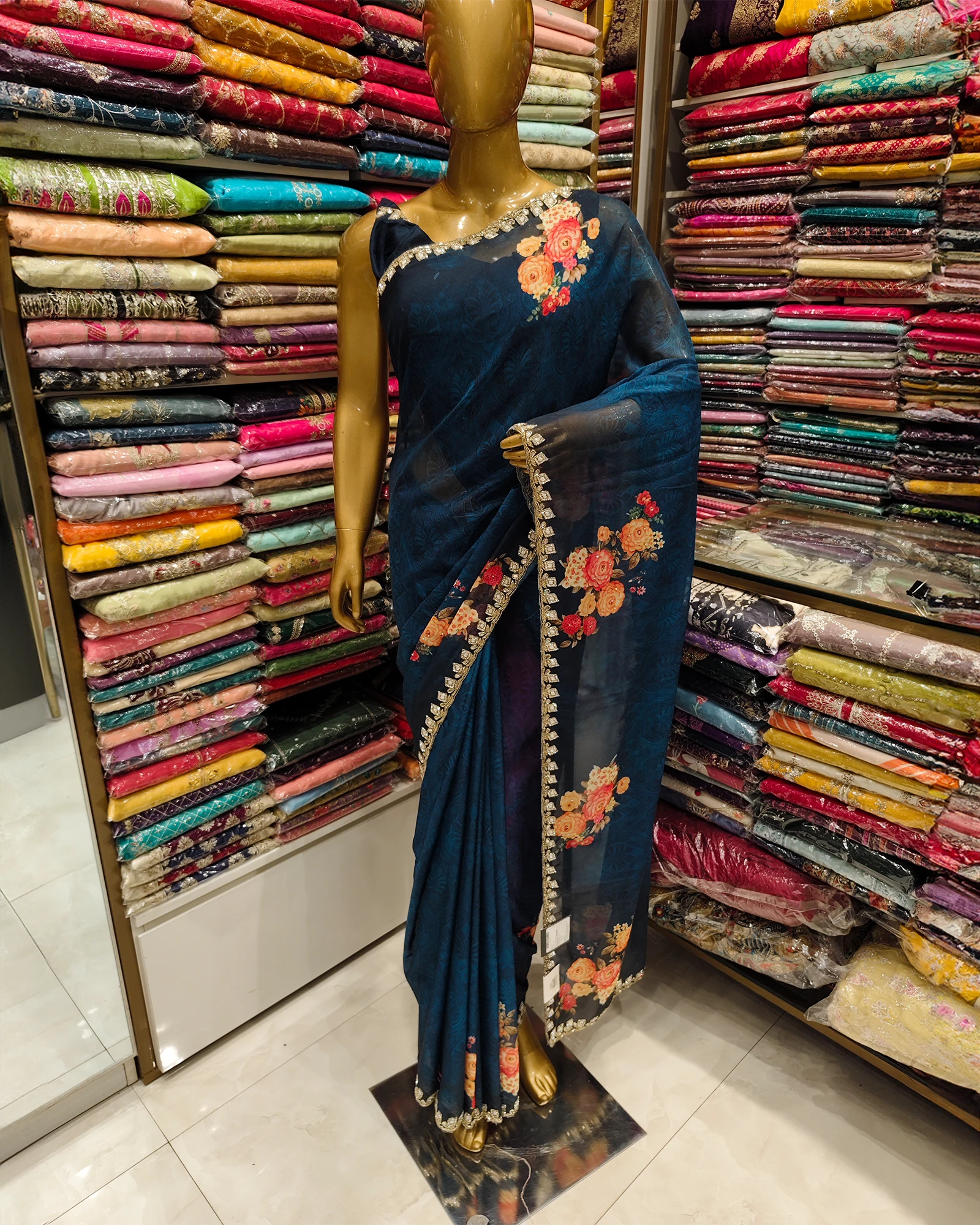 Blue Colour Stone Work Organza Saree