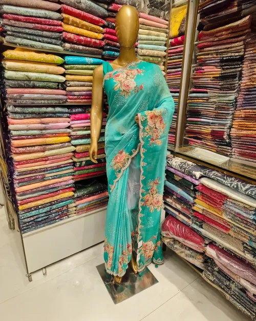 Sky Blue Stone Work Organza Saree