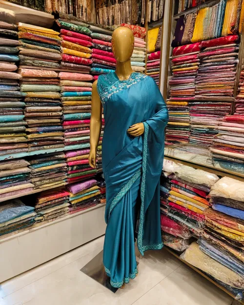 Teal Blue Embroidery Work Crepe Silk Saree