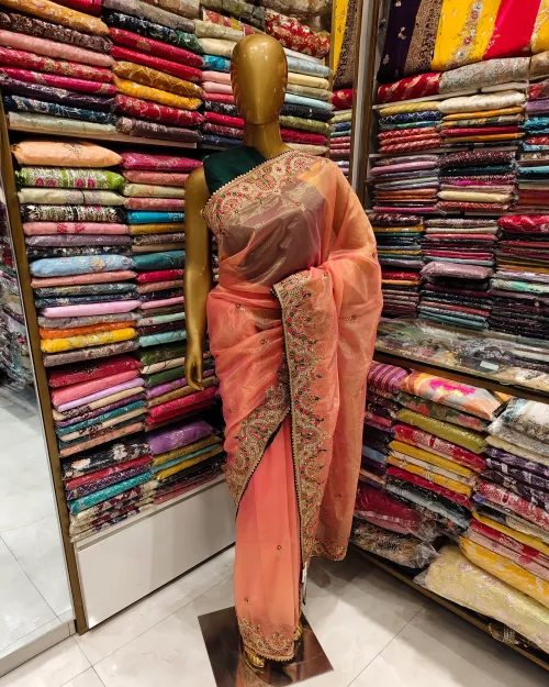 Peach Colour Stone Work Tissue Silk Saree