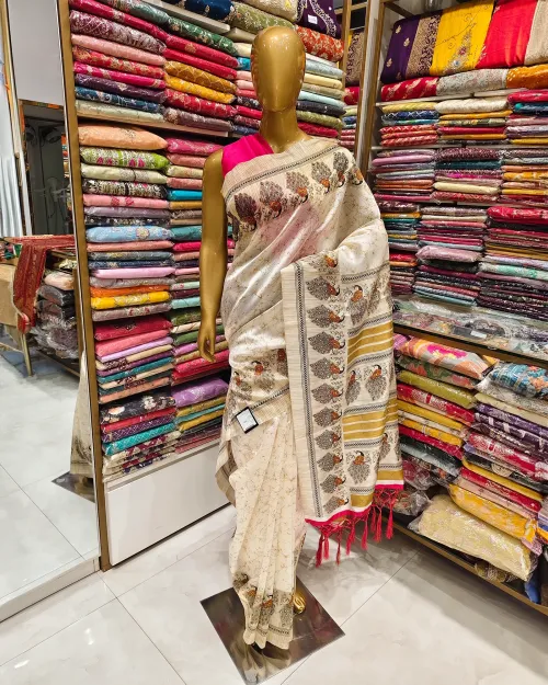 Cream Color Zari Work Tushar Cotton Saree