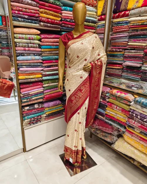 Cream Color Zari Work Crepe Silk Saree
