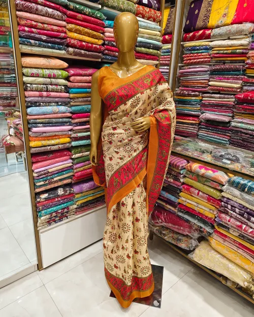 Cream Colour Madhubani Style Tushar Cotton Saree