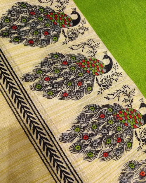 Cream Madhubani Style Tushar Cotton Saree
