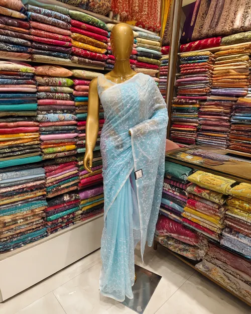 Ice Blue Color Embroidery Work Kota Cotton Saree