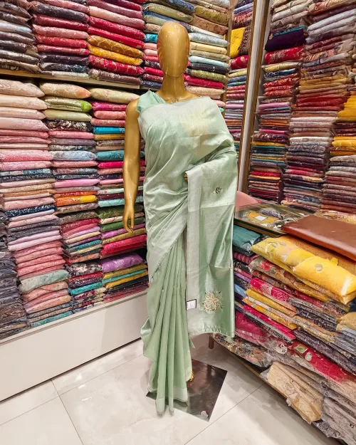 Light Green Stone Work Cotton Silk Saree