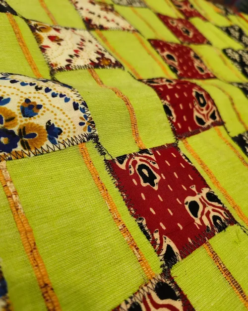 Neon Green PatchWork Mulmul Cotton Saree