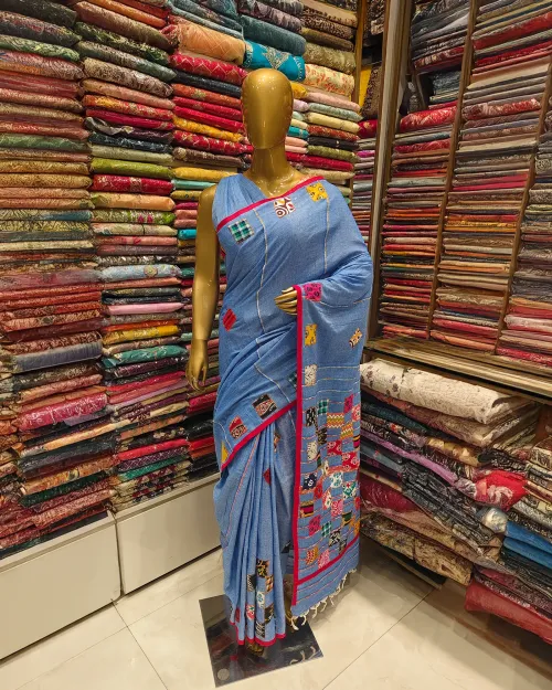 Light Blue PatchWork Mulmul Cotton Saree