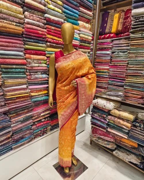 Mustard Color Zari Work Chinon Silk Saree