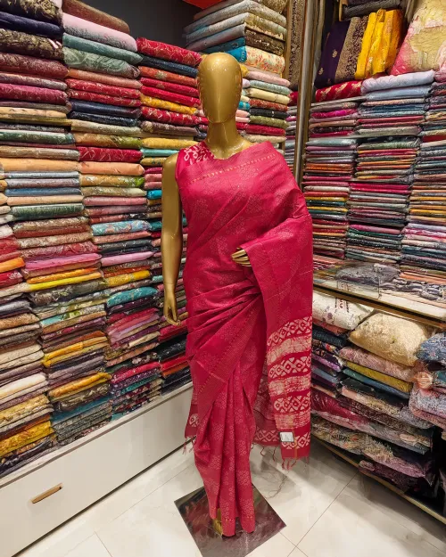 Red Light Embroidery Work Cotton Silk Saree