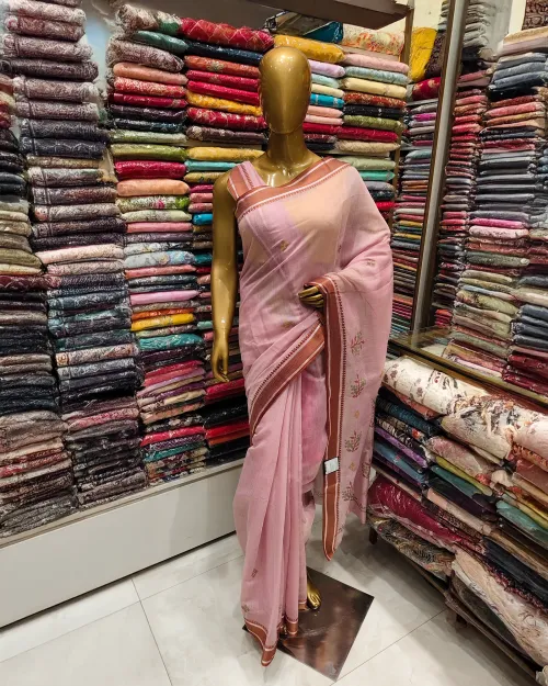 Pink Embroidery Work Cotton Saree