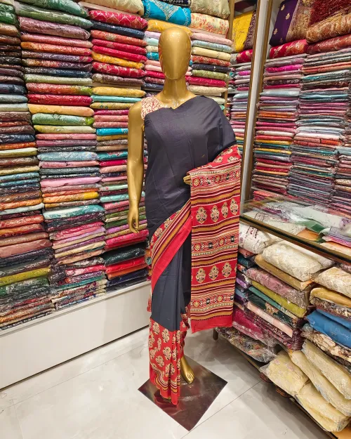 Black & Red Printed Cotton Silk Saree