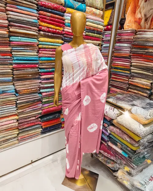 Pink & White Colour Bandhani Cotton Silk Saree