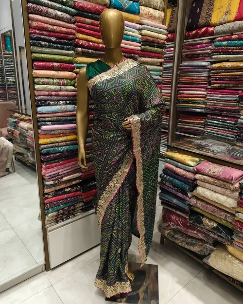 Bottle Green Gota Patti Work Chinon Silk Saree