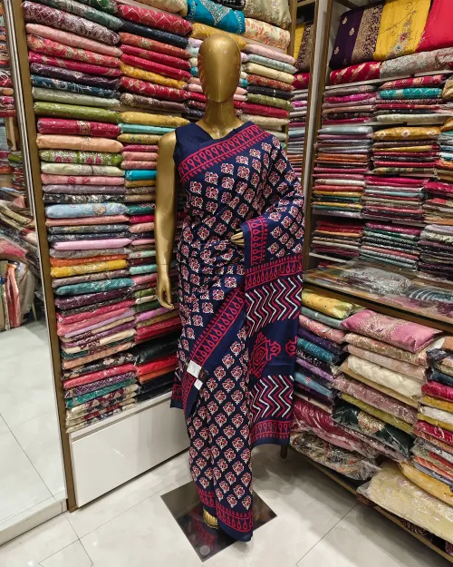 Navy Blue Printed Cotton Saree