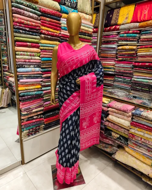Navy Blue Color Printed Cotton Saree