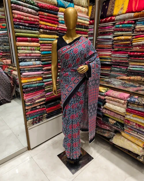 Navy Blue Casual Wear Printed Cotton Saree