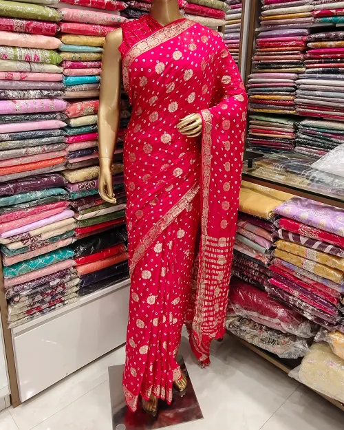 Red Colour Zari Work Silk Bandhani Print Saree