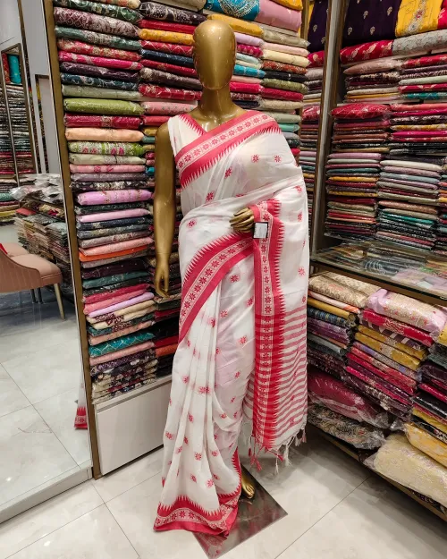 White Bengali Style Linen Saree