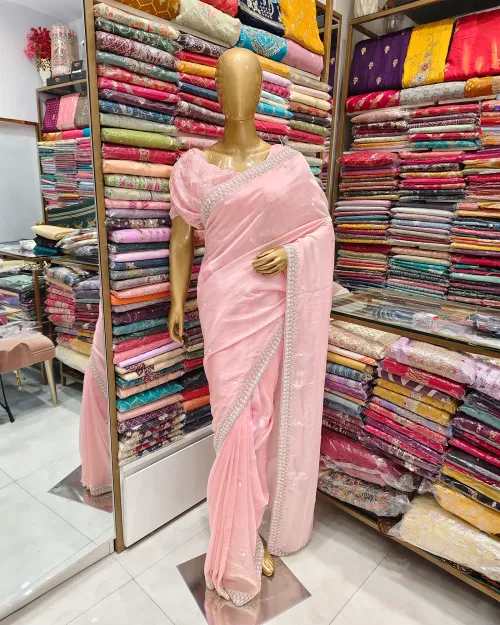 Peachish Pink Stonework Tissue Silk Saree
