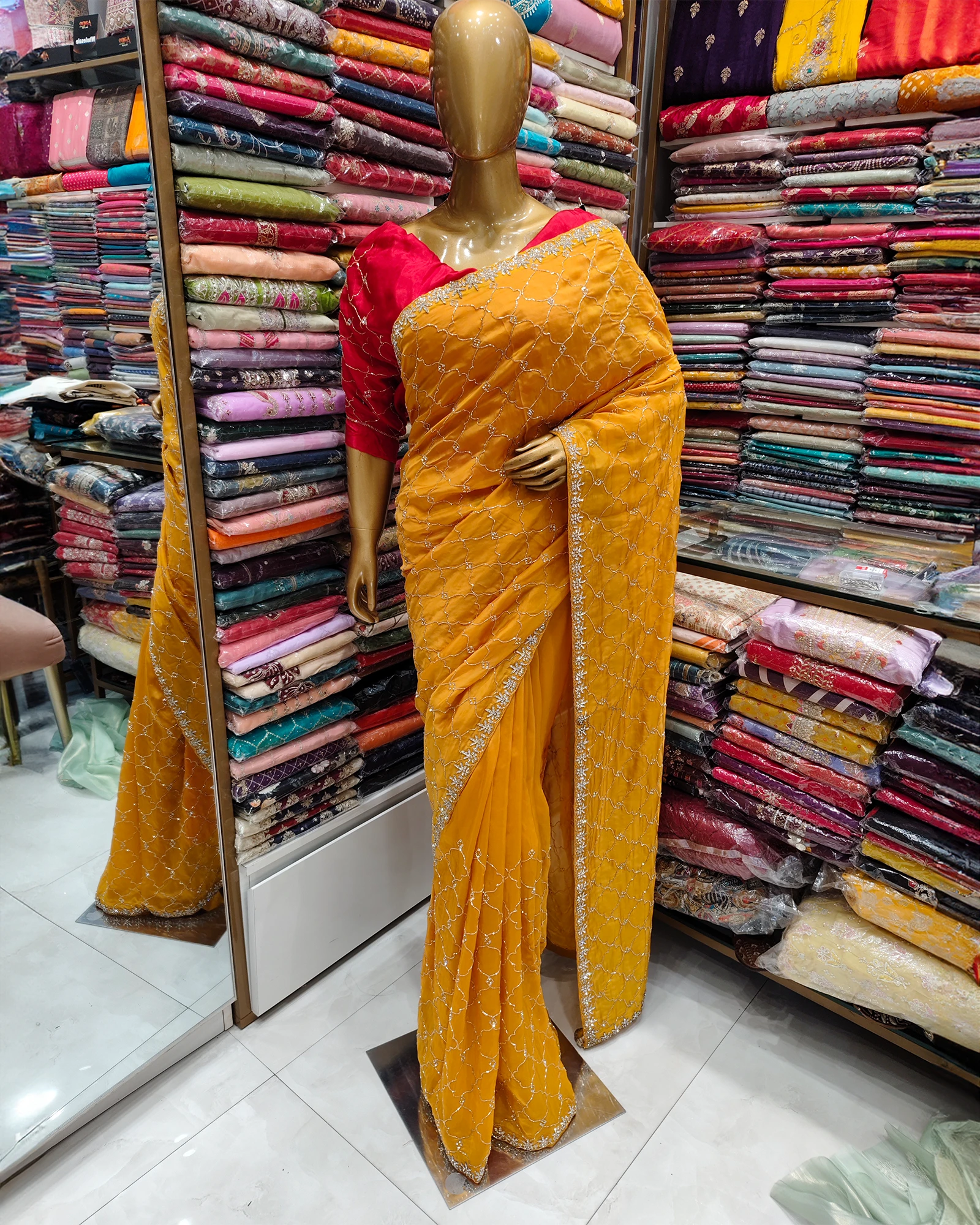 Yellow Color Stone Work Organza Saree