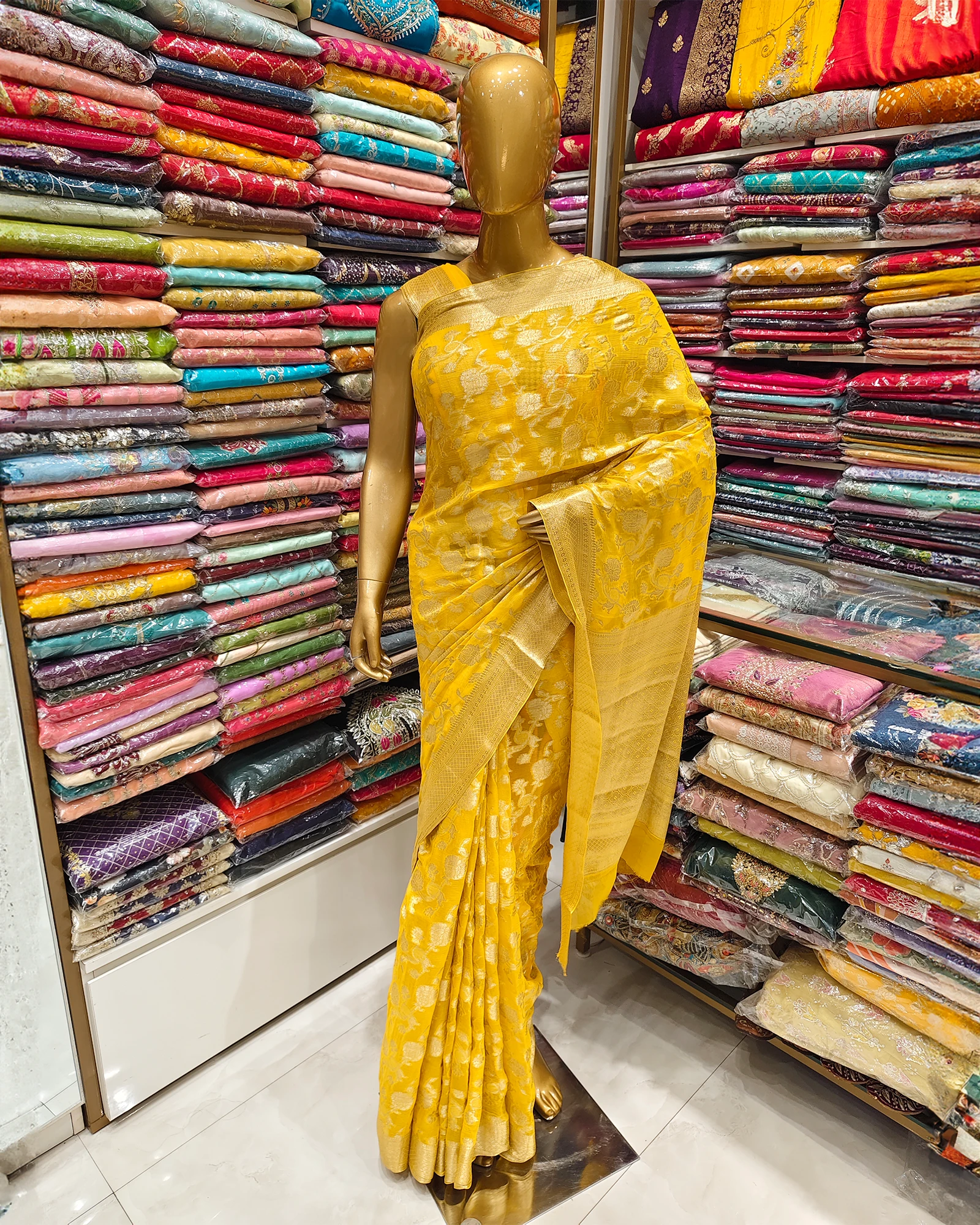 Yellow Colour Zari Work Chiffon Saree