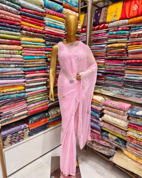 Pink Color Stone Work Chiffon Saree