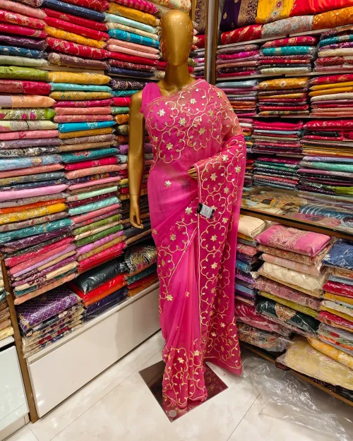Rani Pink Gota Patti Work Chiffon Saree
