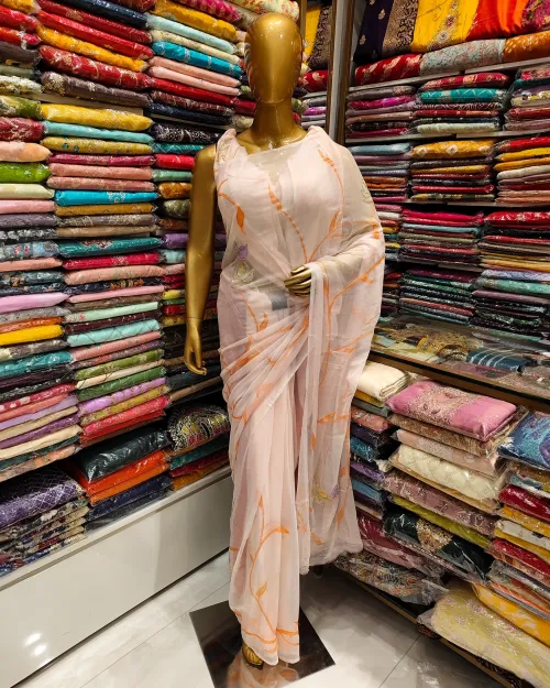 Peach Zari Work Chiffon Saree
