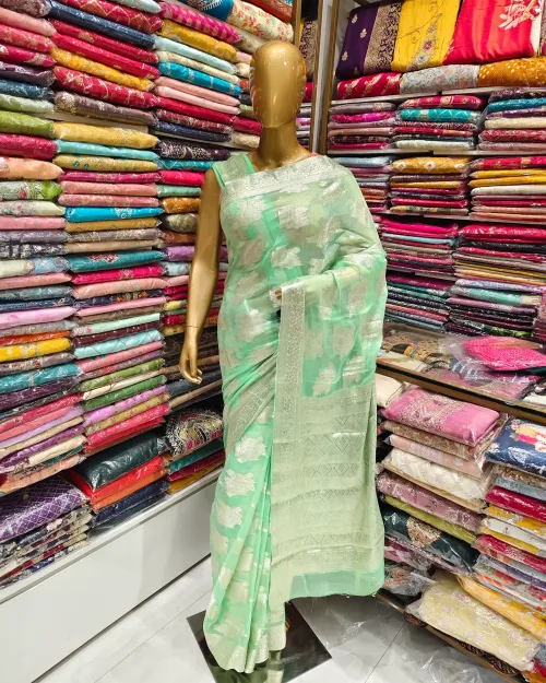 Light Green Zari Work Chiffon Saree