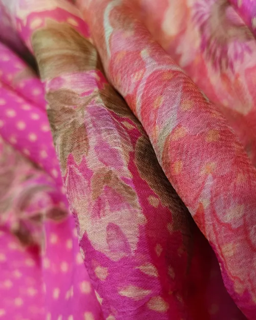 Rani Pink Color Floral Printed Chiffon Saree