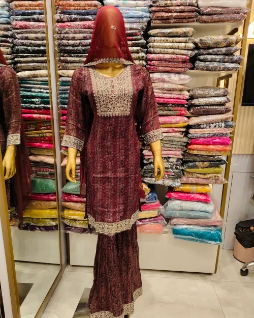Purple Color Readymade Chiffon Straight Suit Set