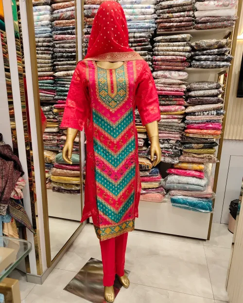 Red Readymade Cotton Silk Straight Suit Set