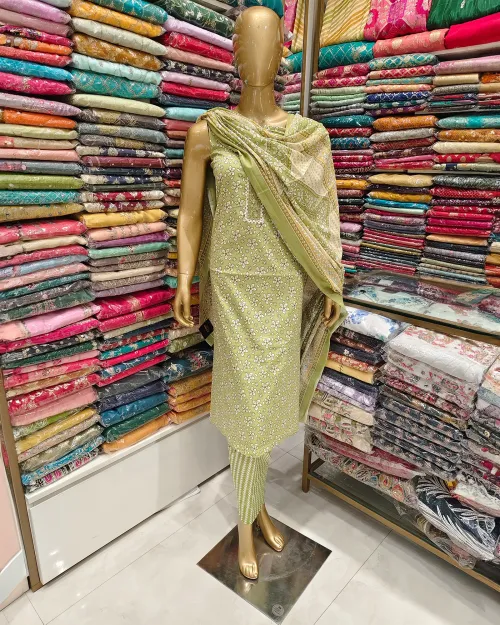Green Color Cotton Unstitched Suit Set