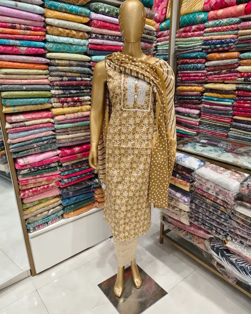 Yellow Cotton Basic Style Unstitched Suit Set