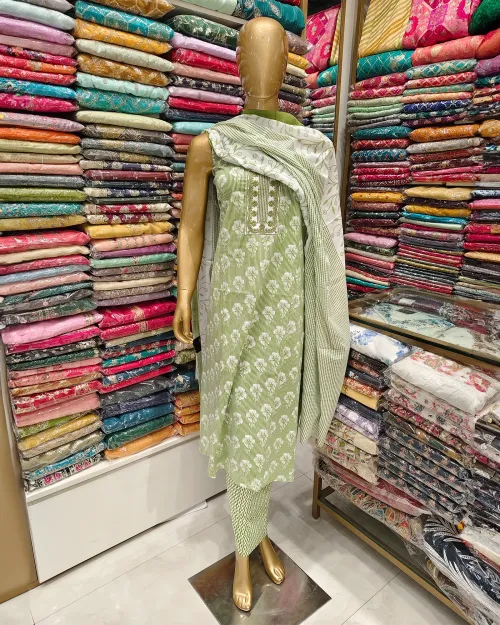 Light Green Cotton Basic Style Unstitched Suit Set
