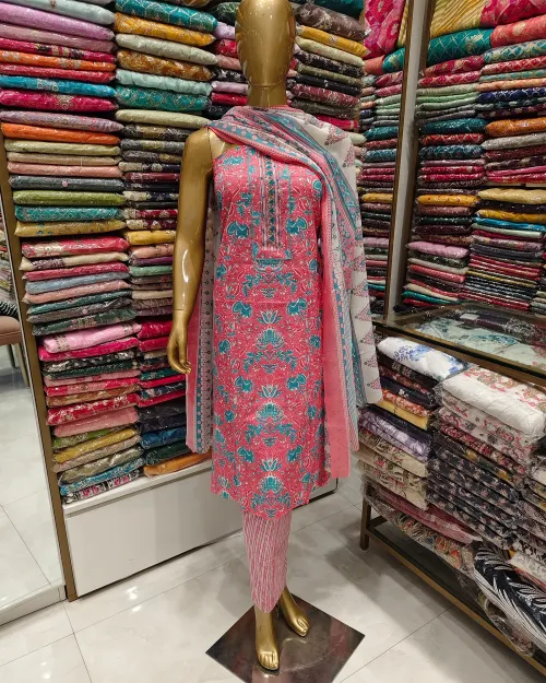 Gajri Peach Color Cotton Basic Style Unstitched Suit Set