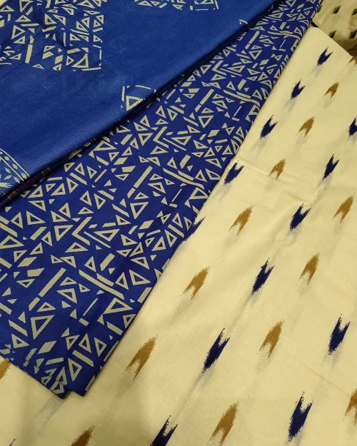 Cream & Blue Color Cotton Printed Unstitched Suit Set
