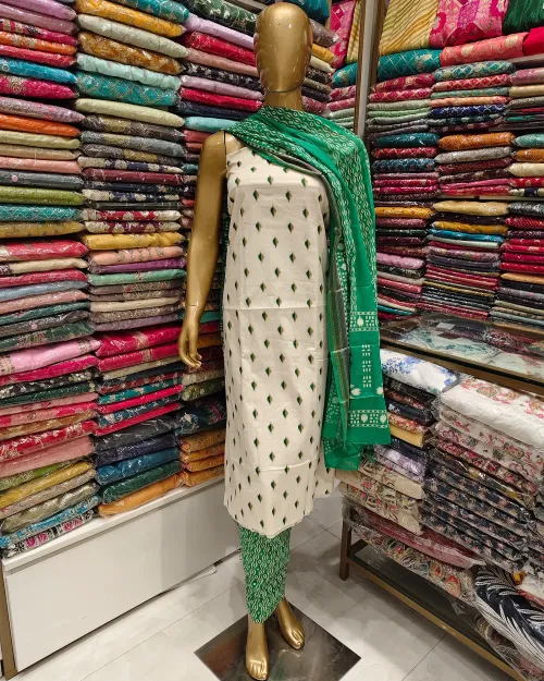 Cream & Green Cotton Printed Unstitched Suit Set