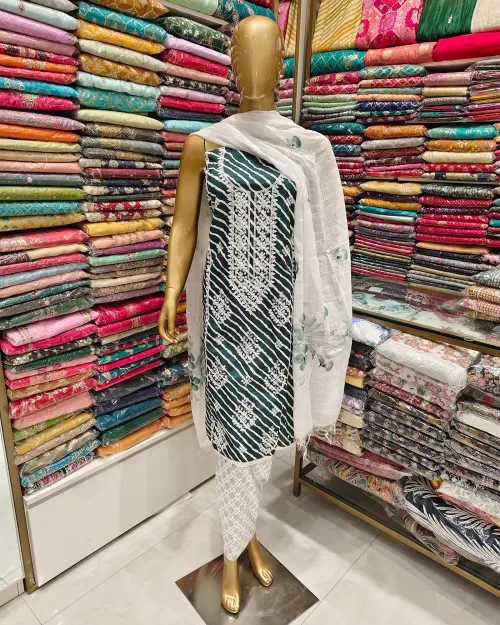 Green Color Cotton Basic Style Unstitched Suit Set