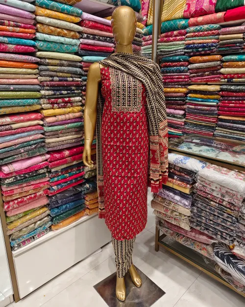 Maroon Colour Printed Unstitched Cotton Suit Set