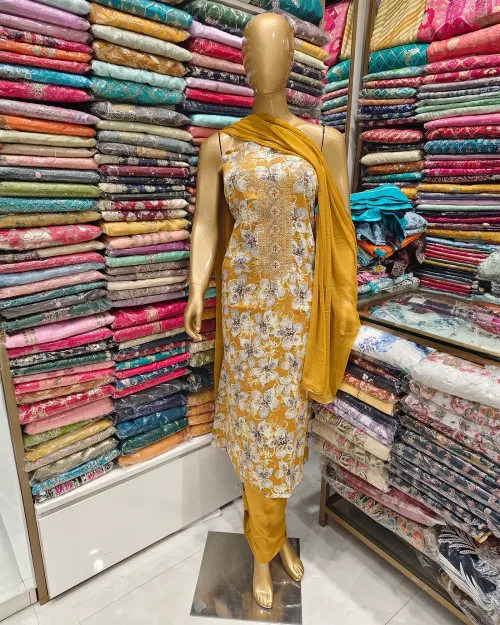 Mustard Light Embroidery Unstitched Cotton Silk Suit Set