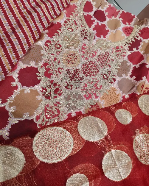 Maroon Colour Muslin Unstitched Printed Suit Set